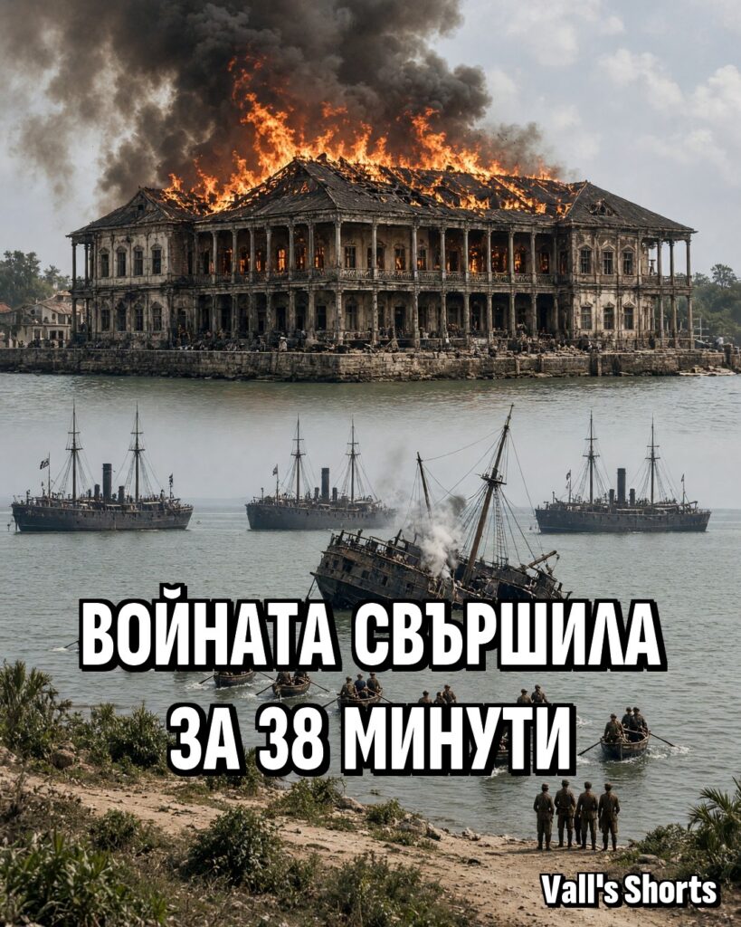 Горящ дворец на брега и военни кораби в залива – илюстрация