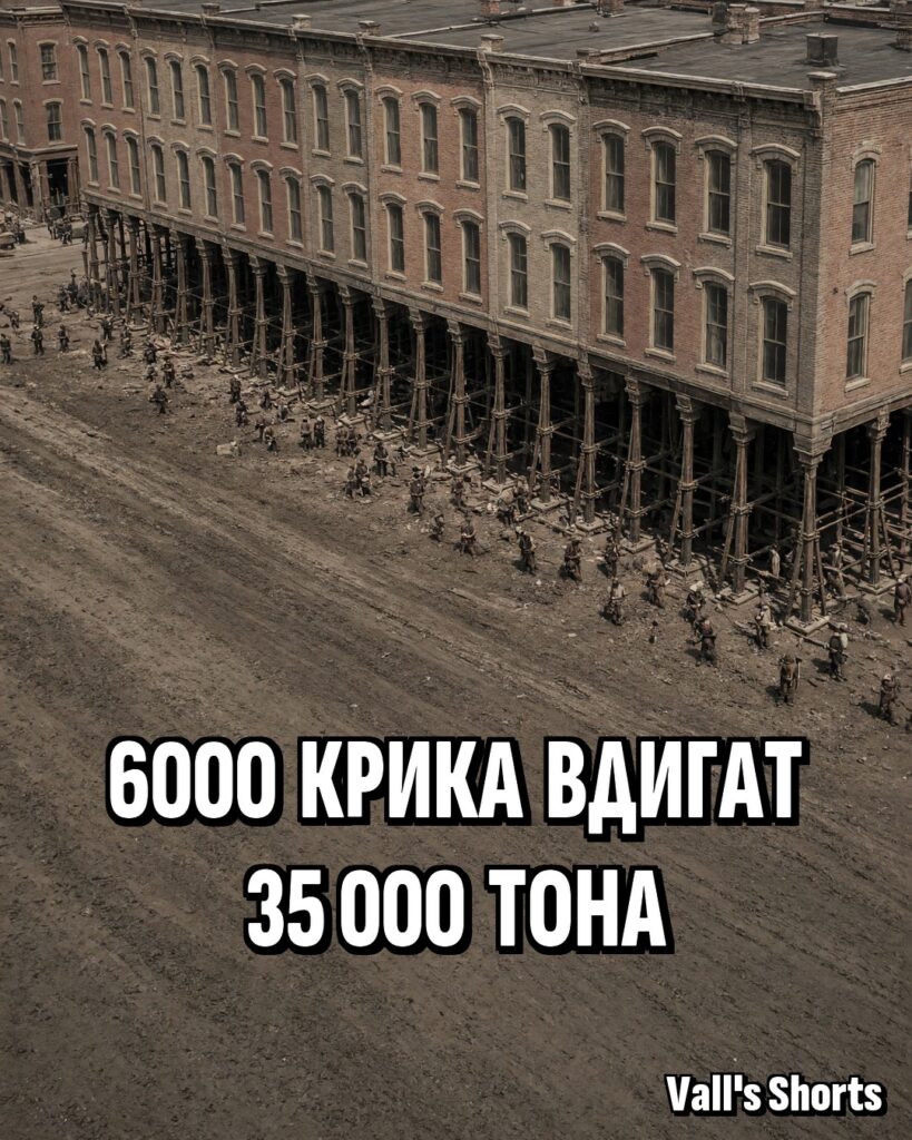 Тухлена сграда, повдигната върху стотици крикове, и работници под нея – илюстрация