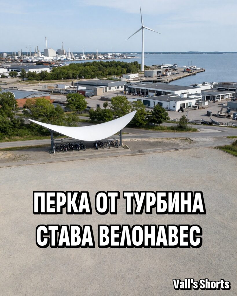 Бял велонавес от извита перка на вятърна турбина над паркирани велосипеди на пристанището в Олборг – илюстрация