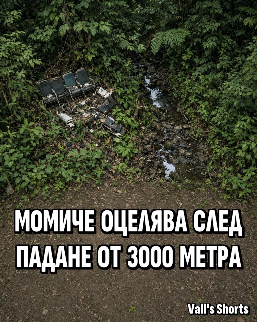 Ред самолетни седалки, паднал сред гъстата тропическа гора до малък поток в джунглата – илюстрация