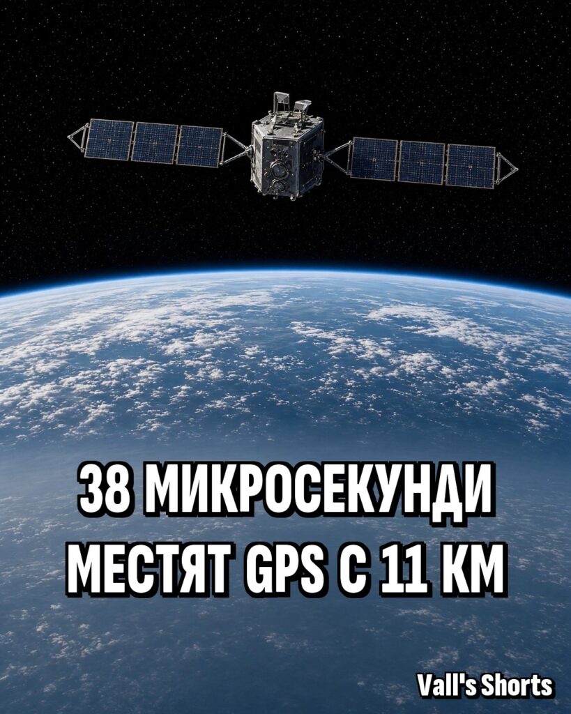 Навигационен спътник с разперени слънчеви панели в орбита високо над Земята – илюстрация