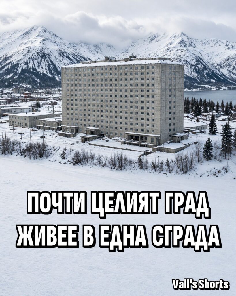 Голям 14-етажен жилищен блок в подножието на заснежени планини в малкото градче Уитиър, Аляска – илюстрация