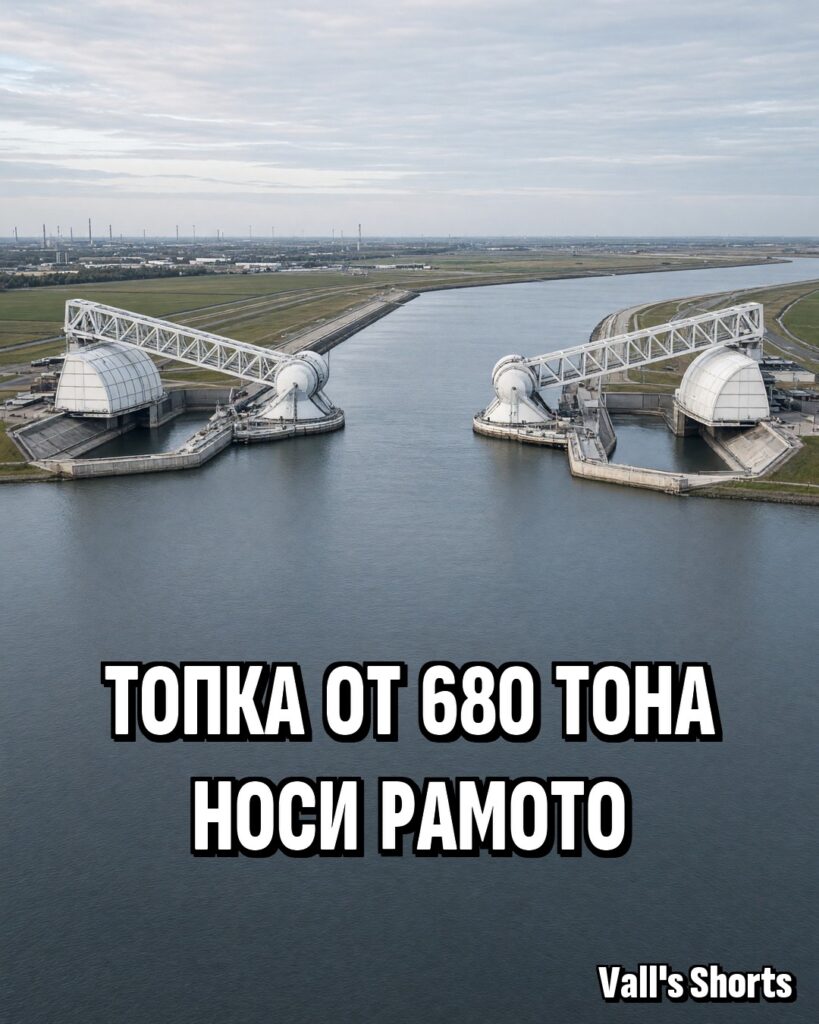 Двете огромни бели врати на бариерата Маеслант с решетъчни стоманени рамена от двете страни на широк канал – илюстрация