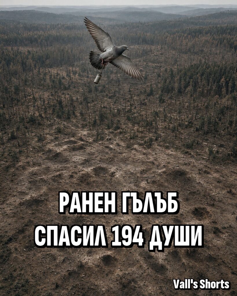 Ранен пощенски гълъб с капсула за съобщения лети над разорана от снаряди гора – илюстрация