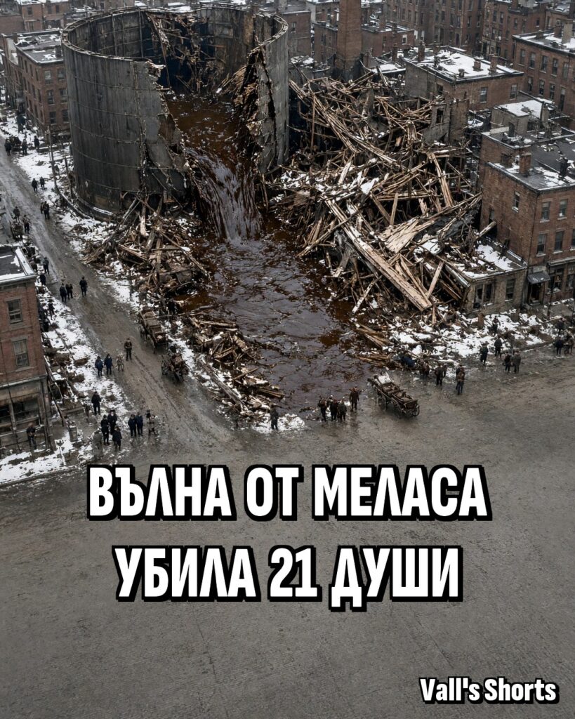Разрушен резервоар и кафява меласа заливат заснежена улица в Бостън през 1919 г. – илюстрация