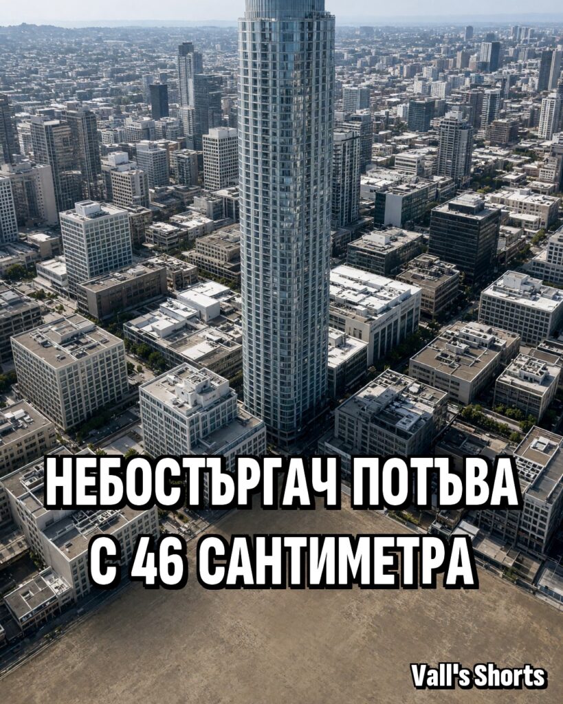 Висок остъклен небостъргач сред по-ниски сгради в центъра на Сан Франциско – илюстрация