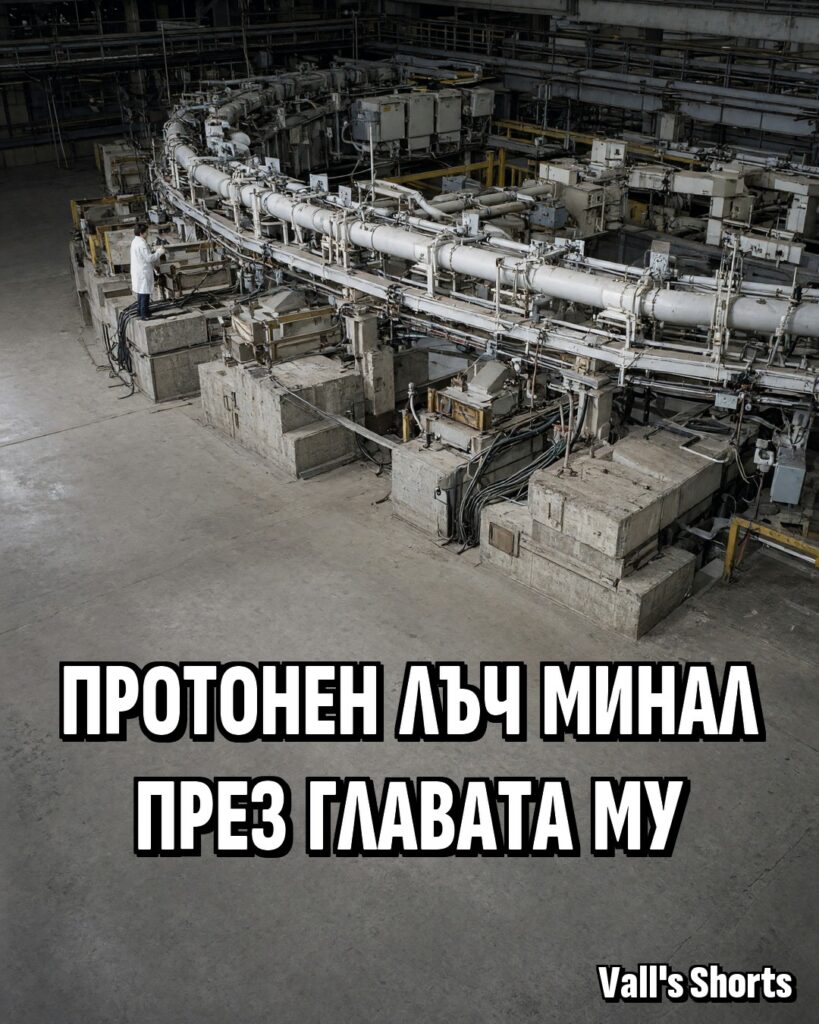 Учен в бяла престилка до пръстена на голям ускорител на частици в бетонна зала – илюстрация