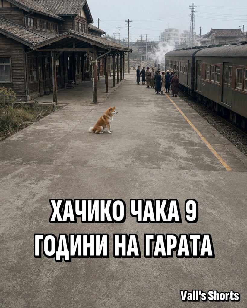 Куче акита седи само на перона на стара японска гара до парен влак – илюстрация