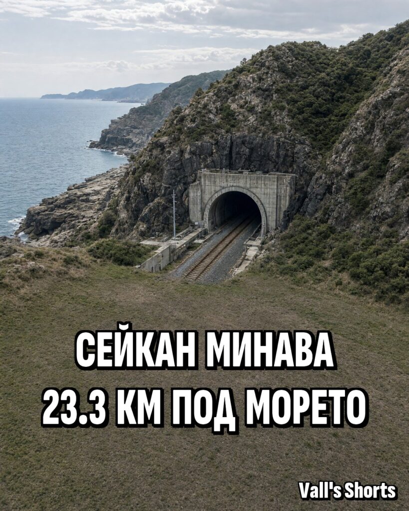 Вход на железопътен тунел в скалист бряг до морето, с релси, водещи навътре – илюстрация