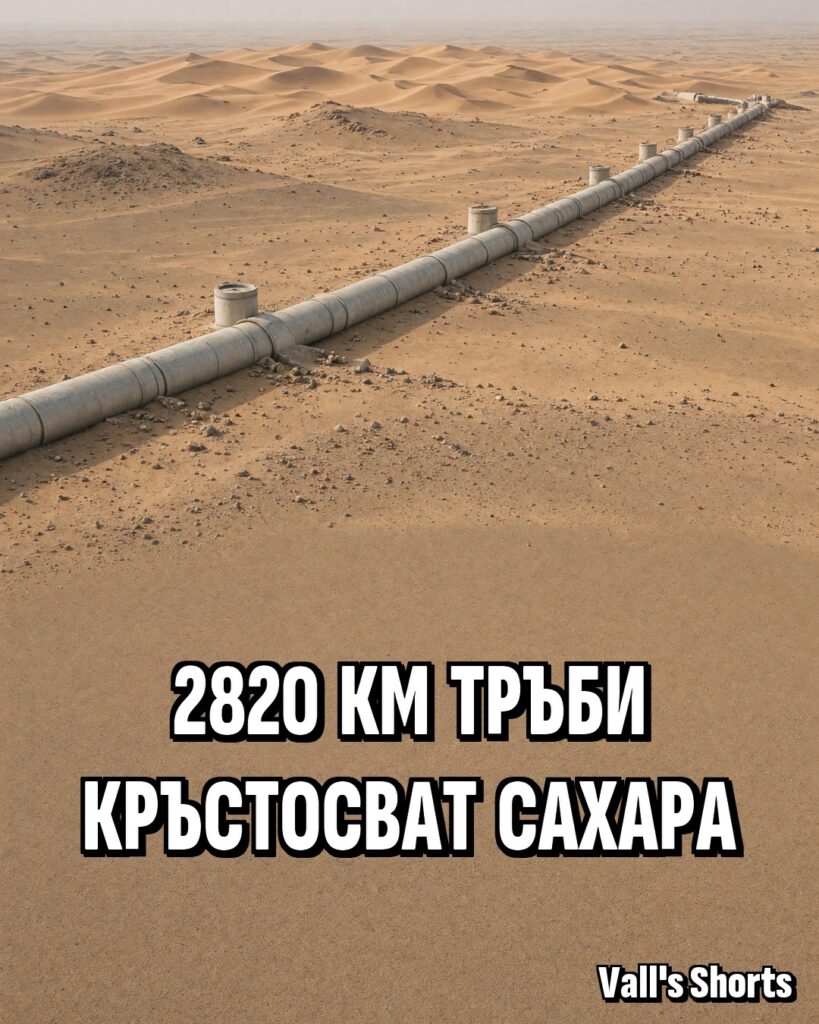 Огромна бетонна тръба, която пресича пясъчните дюни на пустинята – илюстрация