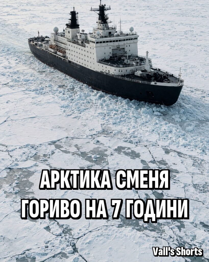 Голям ледоразбивач с тъмен корпус и бяла надстройка пробива път през арктическия лед – илюстрация
