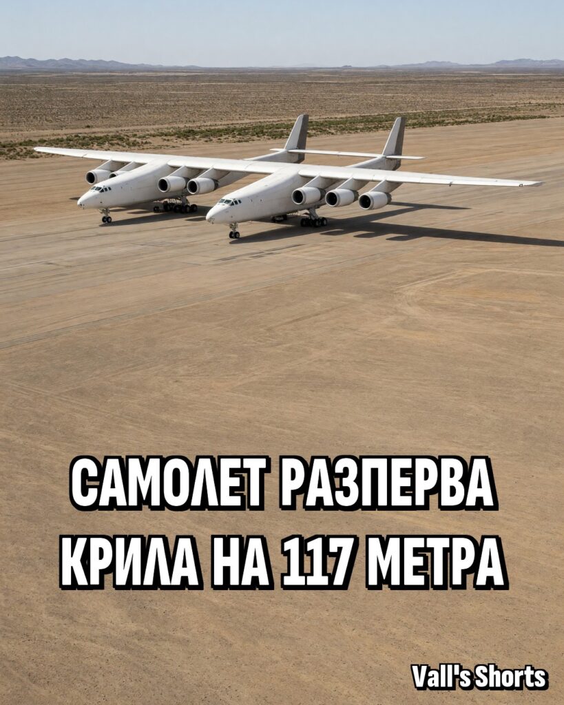 Огромен самолет с два корпуса и шест двигателя на пустинна писта – илюстрация