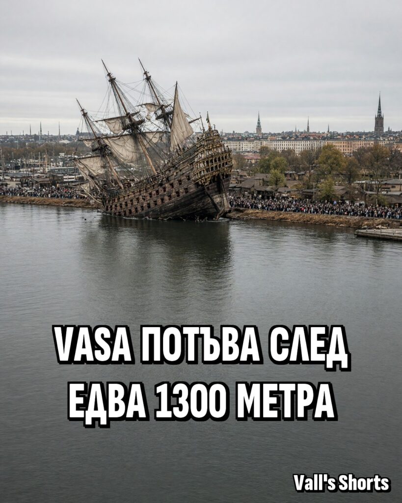 Голям дървен военен кораб с платна се накланя и потъва в пристанището на Стокхолм – илюстрация