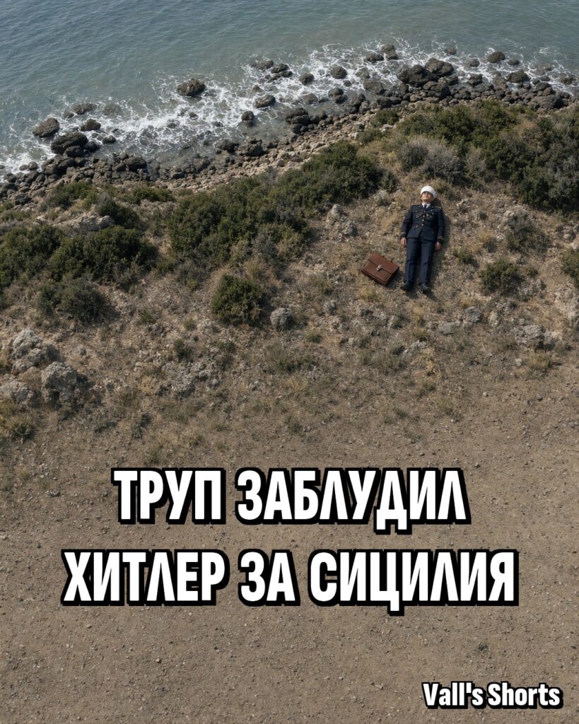 Мъж в униформа стои до куфарче на скалист бряг край морето, гледан отвисоко – илюстрация